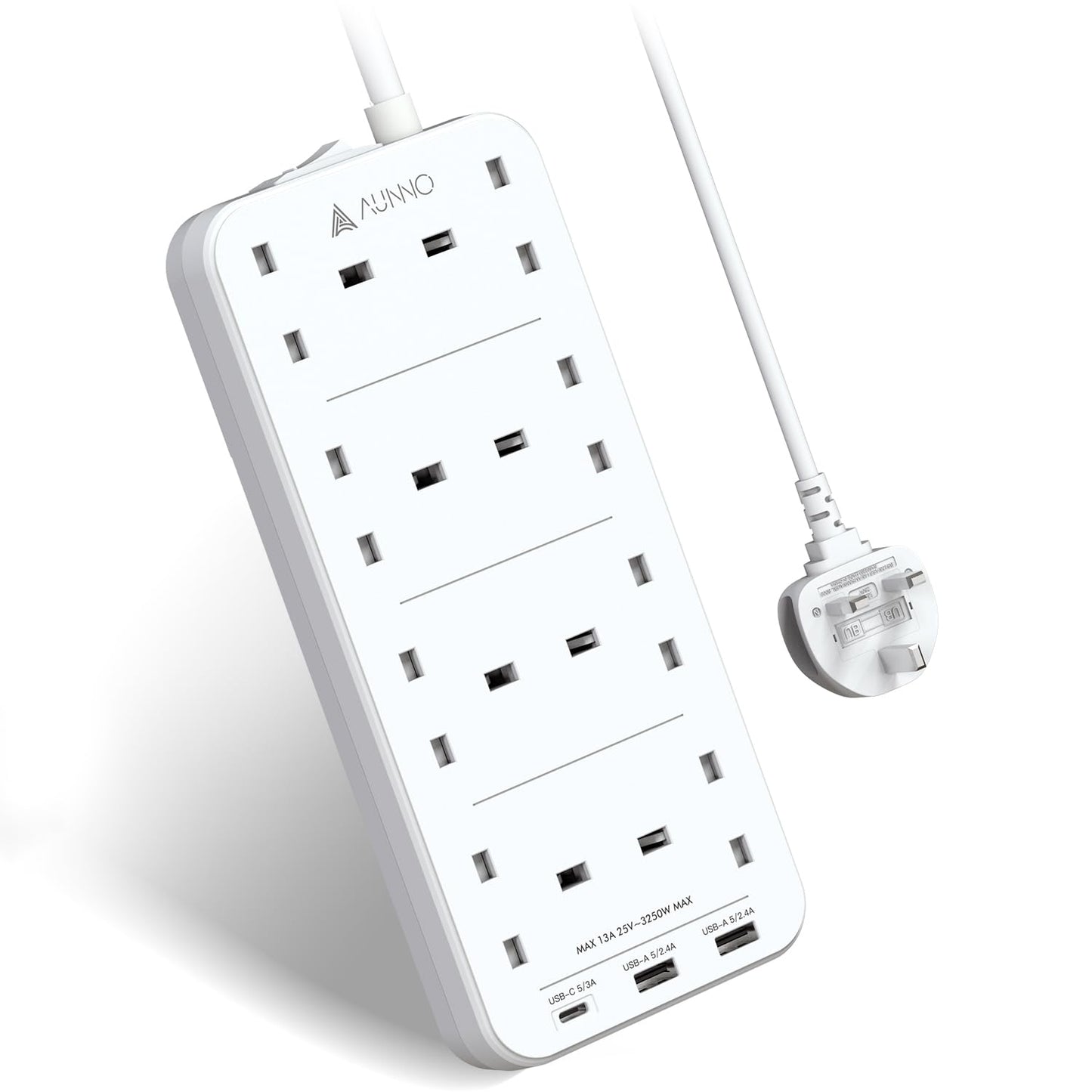 AUNNO Extension Lead with USB Slots, 8 Way Sockets Outlets with 2 USB-A Ports and 1 USB-C Ports, 1.8M Extension Cable with Switch Surge Protected Power Strips, UK Multi Plug Adapter Electrical Cords