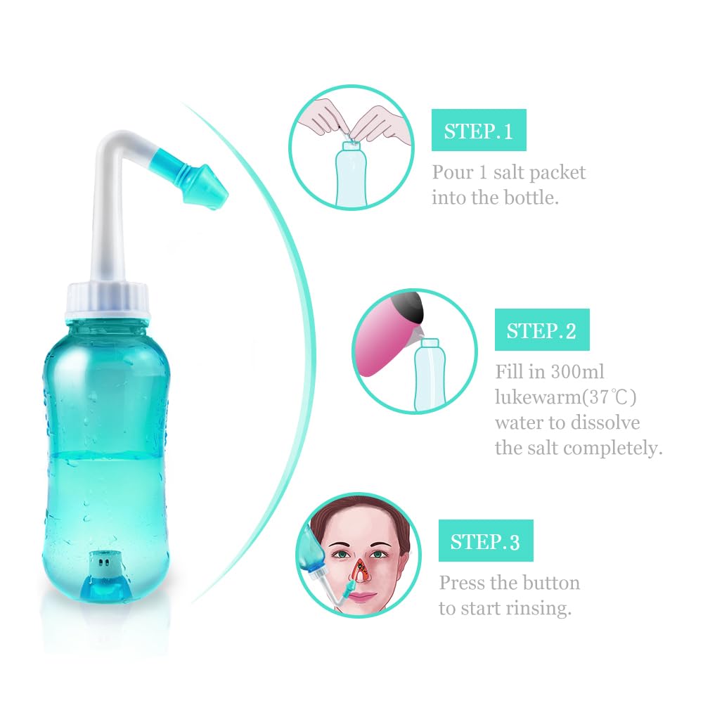 Neti Pot, Sinus Rinse Bottle 300ml, Nose Cleaner, Nasal Irrigation System with 30 Nasal Wash Salt Packets and Sticker Thermometer for Adult & Kid BPA Free