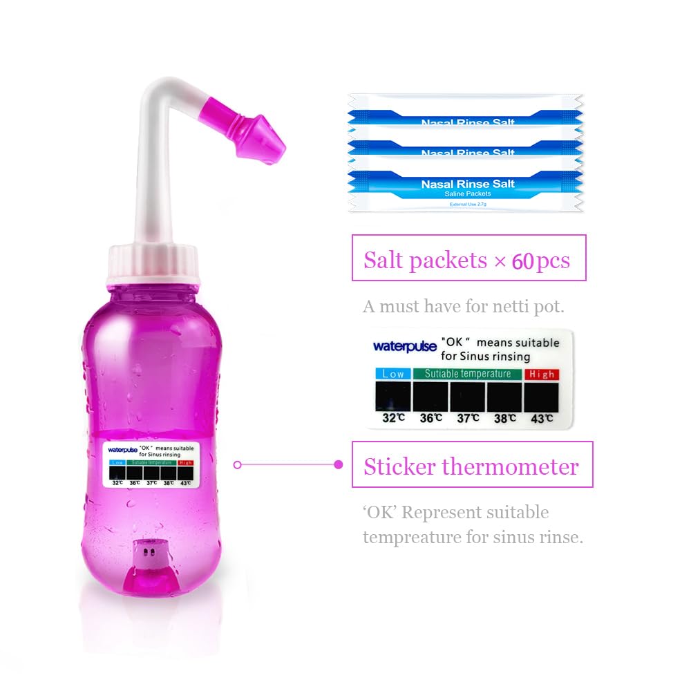 Neti Pot, Sinus Rinse Bottle 300ml, Nose Cleaner, Nasal Irrigation System with 30 Nasal Wash Salt Packets and Sticker Thermometer for Adult & Kid BPA Free