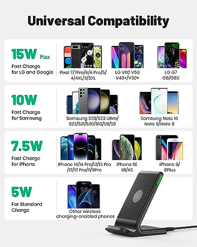INIU Wireless Charger, 15W Fast Wireless Charging Stand Qi Certified Sleep-friendly Adaptive Light & Dual Charging Modes for iPhone 15 14 13 12 11 Pro Max XR Plus Samsung S23 S22 Google Pixel LG etc