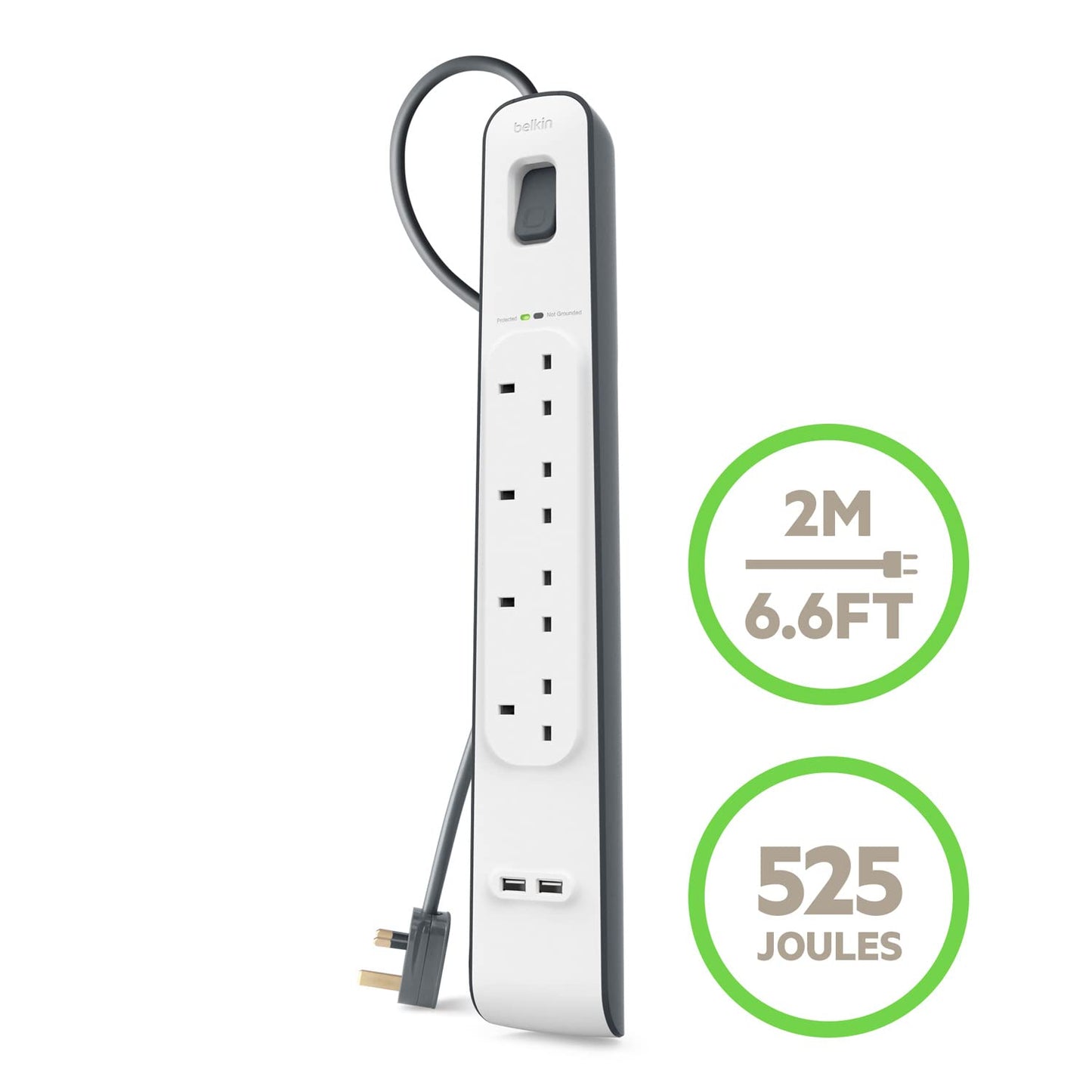 Belkin Surge Protected Extension Lead – 8 Sockets + 2 USB Ports (2.4A), 2m Cable