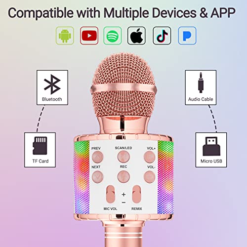 Ankuka Karaoke Wireless Microphone, 4 in 1 Handheld Bluetooth Speaker Machine Dancing LED Lights, Home KTV Player Compatible with Android & iOS Devices