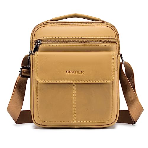 SPAHER Men Leather Handbags Shoulder Bags Messenger Business Crossbody Satchel Sling Waterproof Travel Bag Daily Man Gift with Adjustable Shoulder Strap