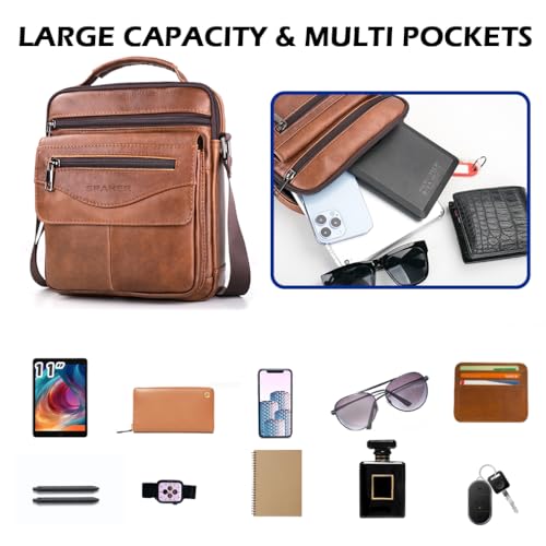 SPAHER Men Leather Handbags Shoulder Bags Messenger Business Crossbody Satchel Sling Waterproof Travel Bag Daily Man Gift with Adjustable Shoulder Strap