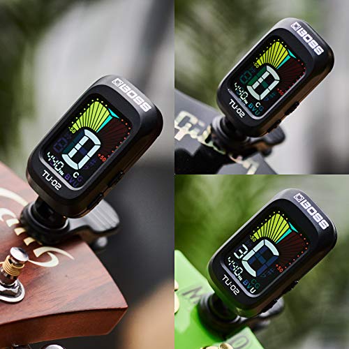 BOSS TU-02 Chromatic Clip-On Tuner for Guitar, Bass & Ukulele – Precise Battery-Powered Tuner with High-Contrast Color Display, Black