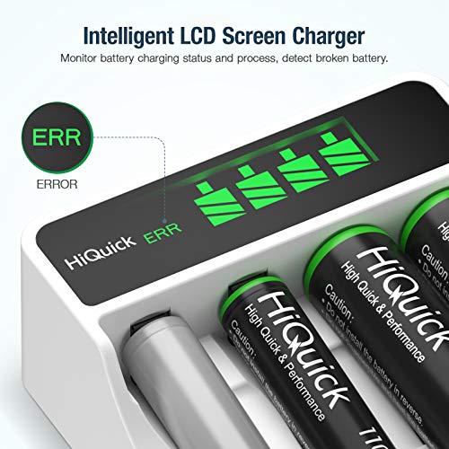 HiQuick 8 x 2800mAh AA NI-MH Rechargeable Batteries with 4-slot LCD Batter Charger, Fast Charging Function, Type C and Micro USB Input, Battery and Charger Set
