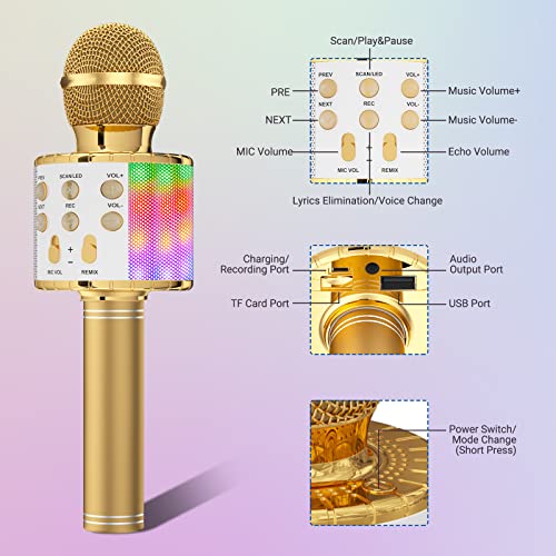 Ankuka Karaoke Wireless Microphone, 4 in 1 Handheld Bluetooth Speaker Machine Dancing LED Lights, Home KTV Player Compatible with Android & iOS Devices