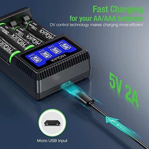 HiQuick 8 x 2800mAh AA NI-MH Rechargeable Batteries with 4-slot LCD Batter Charger, Fast Charging Function, Type C and Micro USB Input, Battery and Charger Set