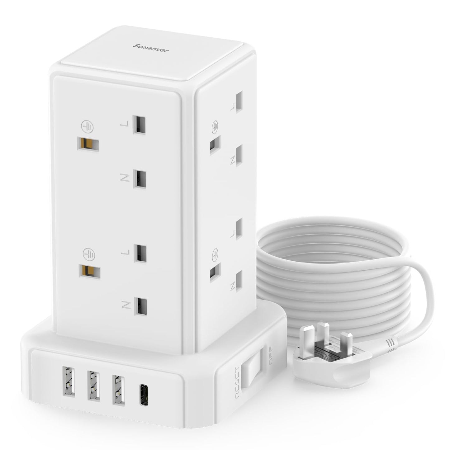Tower Extension lead with USB Slots, 8 Way Extension Lead Surge Protection with Switch 8 AC Outlets & 4 USB Ports Plug Extension Socket Cable 2M Mini Power Strip for Home