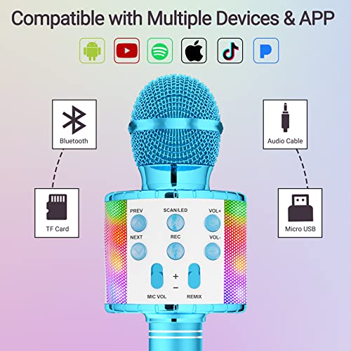 Ankuka Karaoke Wireless Microphone, 4 in 1 Handheld Bluetooth Speaker Machine Dancing LED Lights, Home KTV Player Compatible with Android & iOS Devices
