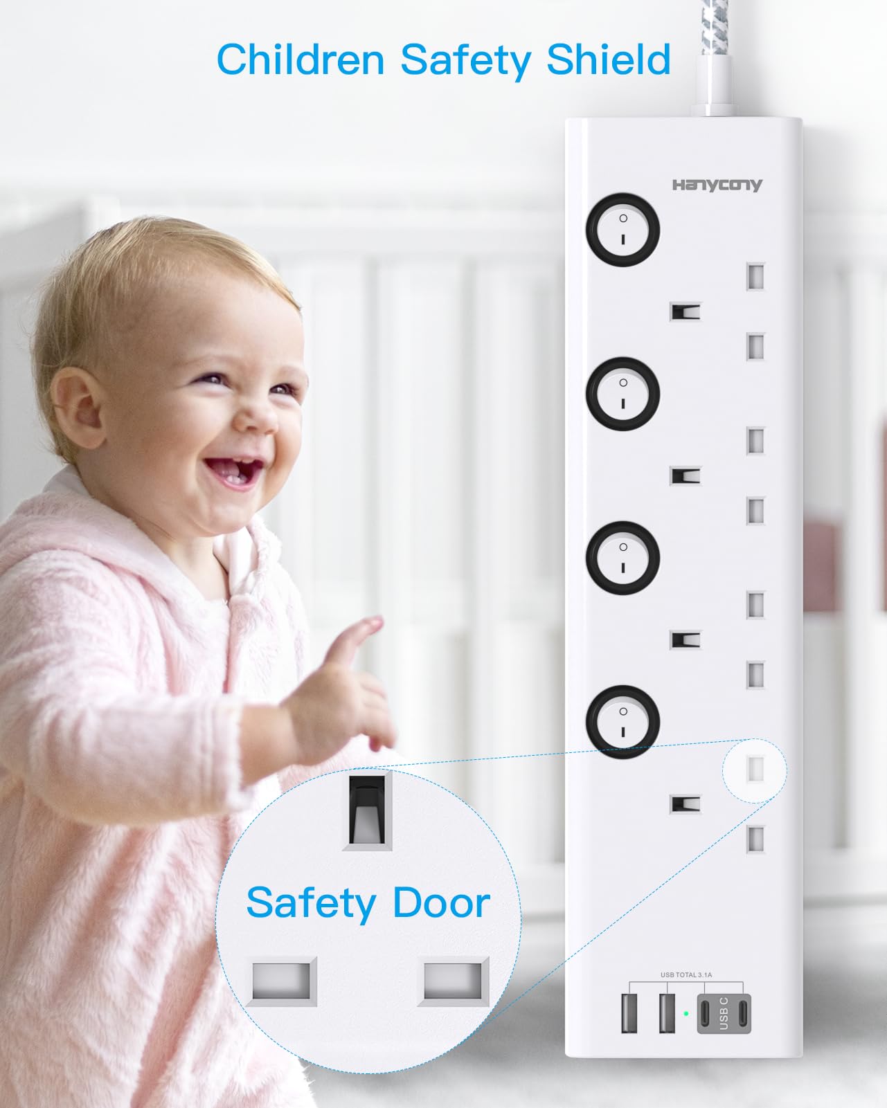 Extension Lead with 4 USB Slots(2 USB C), 4 Way Plug Extension Socket with Individual Switches, 1.8M Extension Cable, Wall Mount Extension Cord