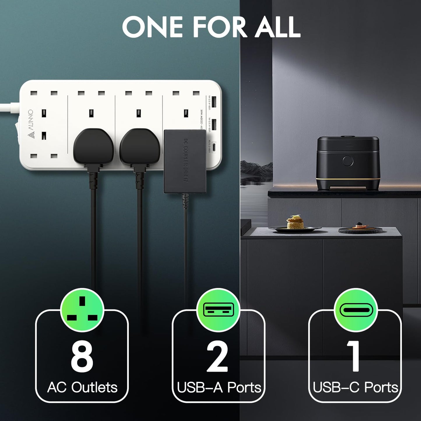 AUNNO Extension Lead with USB Slots, 8 Way Sockets Outlets with 2 USB-A Ports and 1 USB-C Ports, 1.8M Extension Cable with Switch Surge Protected Power Strips, UK Multi Plug Adapter Electrical Cords