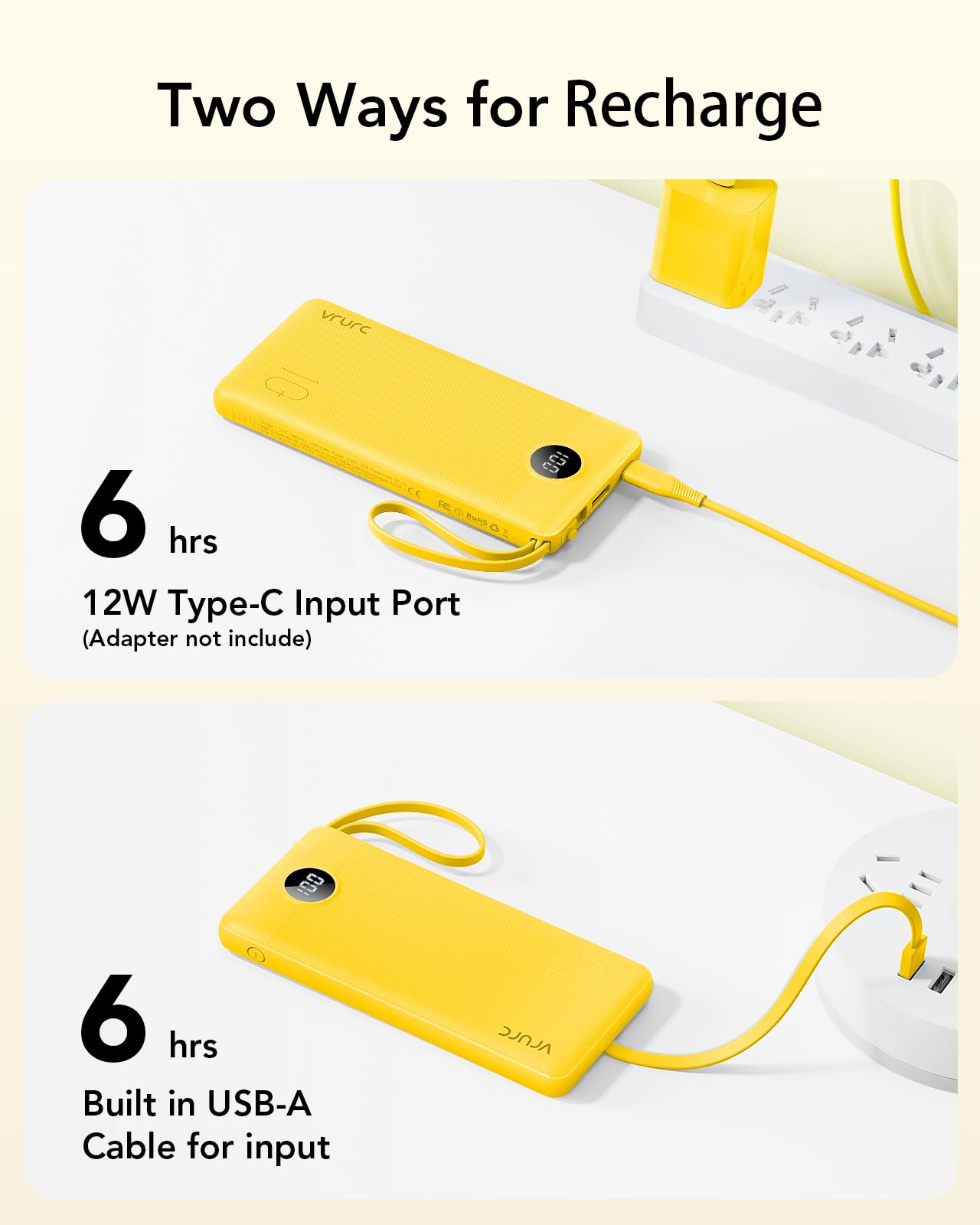 Power Bank With Built in Cables VRURC 10000mAh ,USB C Battery Pack Portable Charger with 5 Outputs 2 Inputs Powerbank LED Display compatible with iPhone 14 13 12 Samsung S21 S20 Xiaomi iPad