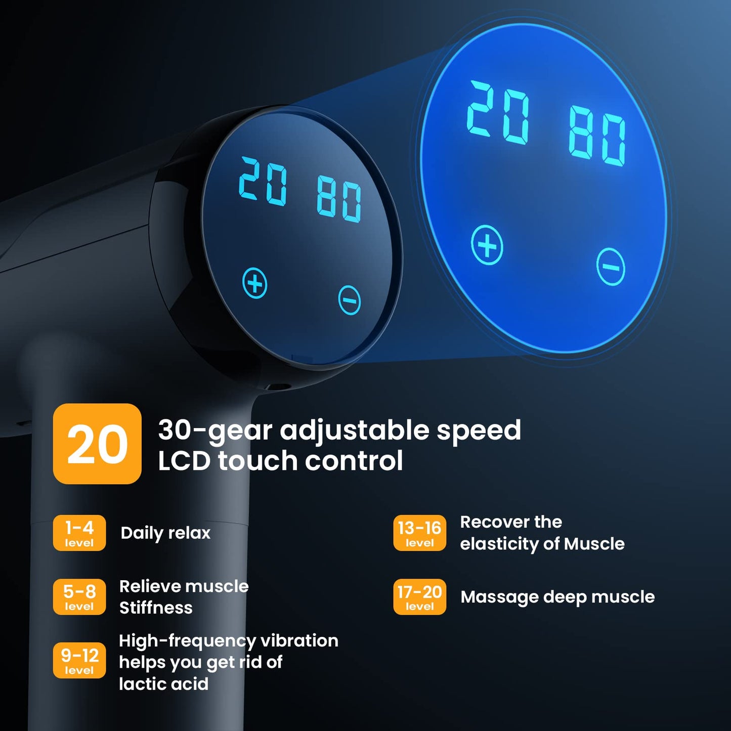 Deep Tissue Massage Gun – Portable Muscle Massager with 8 Massage Heads, LCD Touch Screen, Quiet Glide Technology, Powerful Cordless Percussion