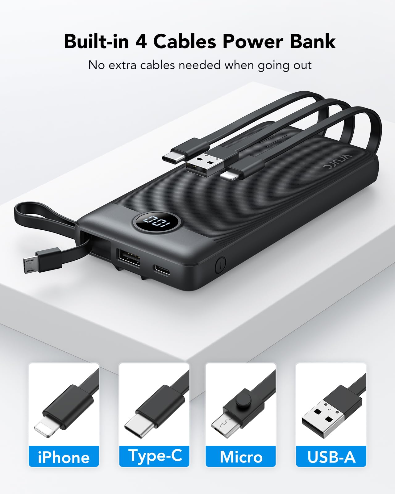 Power Bank With Built in Cables VRURC 10000mAh ,USB C Battery Pack Portable Charger with 5 Outputs 2 Inputs Powerbank LED Display compatible with iPhone 14 13 12 Samsung S21 S20 Xiaomi iPad