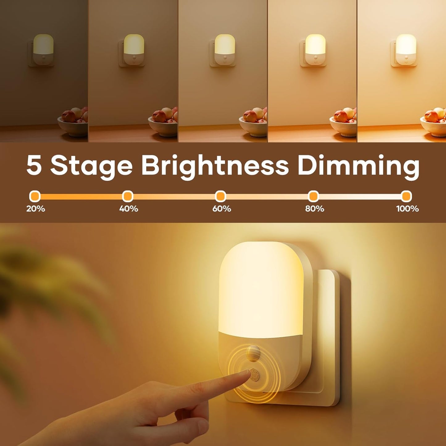 Night Light Plug in Wall with Dusk to Dawn Photocell Sensor, 5 Brightness Levels, ON/Off/AUTO Lighting Mode, 3000K Warm White Night Light for Hallways, Stairs, Bedrooms, Kitchen, 0.3W, 1 Pack