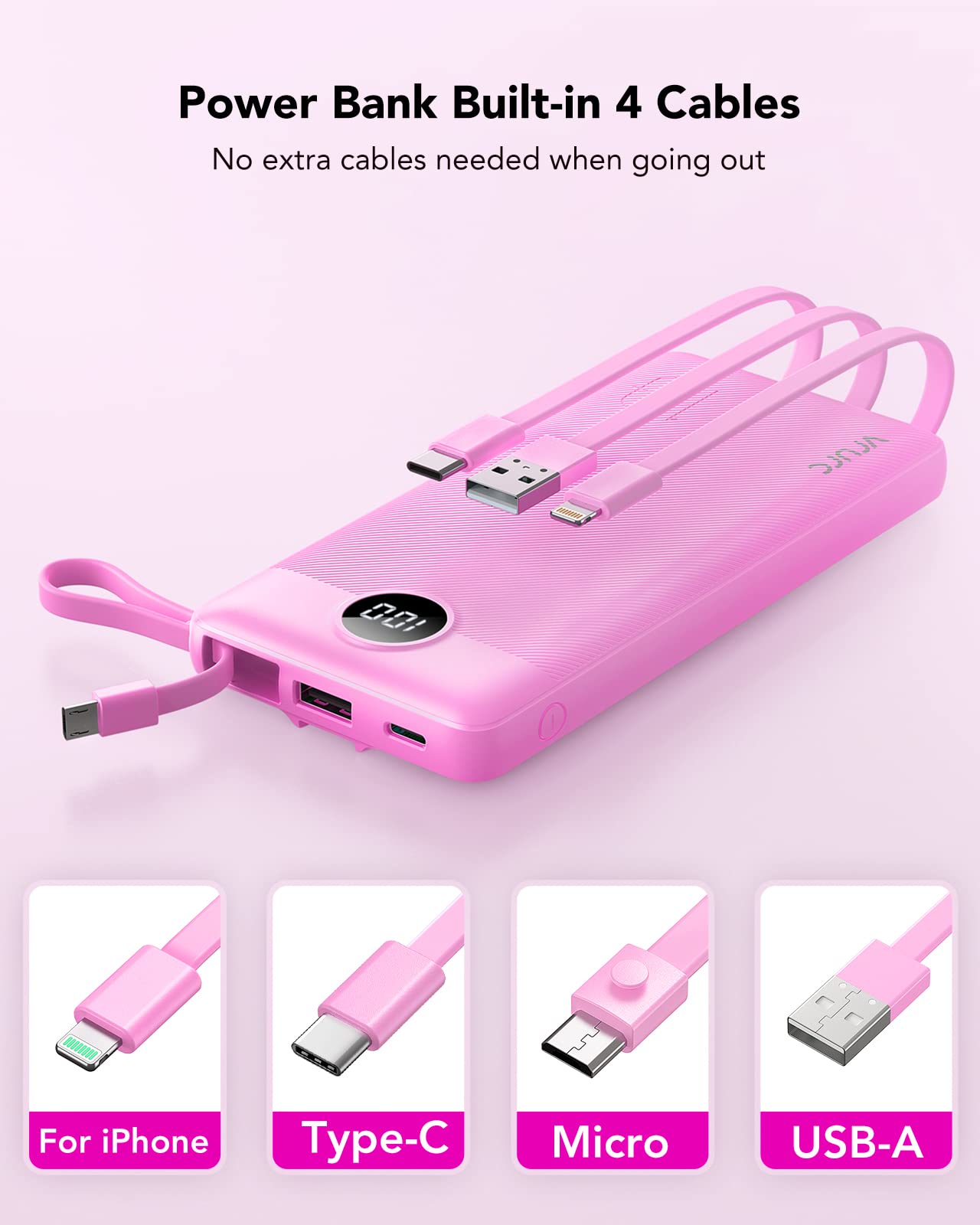 Power Bank With Built in Cables VRURC 10000mAh ,USB C Battery Pack Portable Charger with 5 Outputs 2 Inputs Powerbank LED Display compatible with iPhone 14 13 12 Samsung S21 S20 Xiaomi iPad