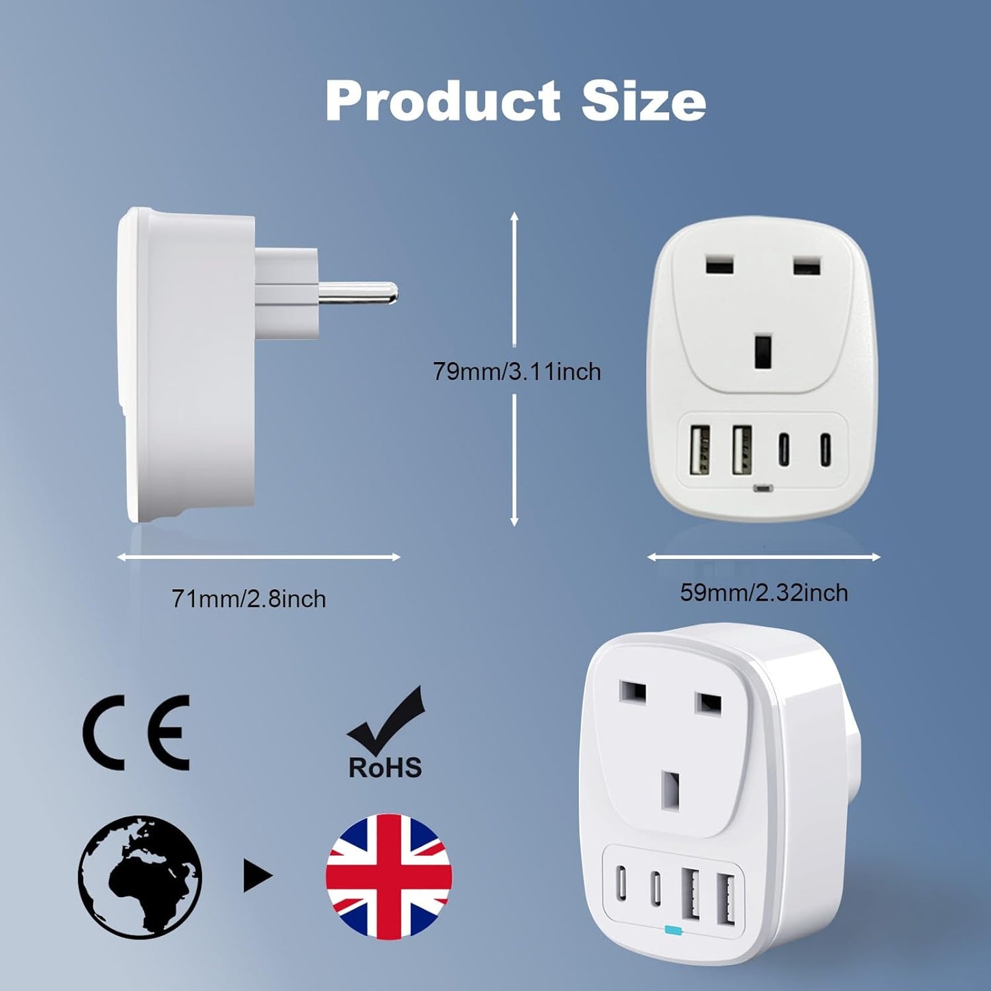 UK to European Plug Adapter, EU USB & USB C Travel Adaptor for Germany,France,Turkey,Spain,Greece,Poland,Egypt,Portugal,Crotia,Iceland, 5 in 1 UK to Europe Power Plugs with 2 USB & 2 USBC Ports