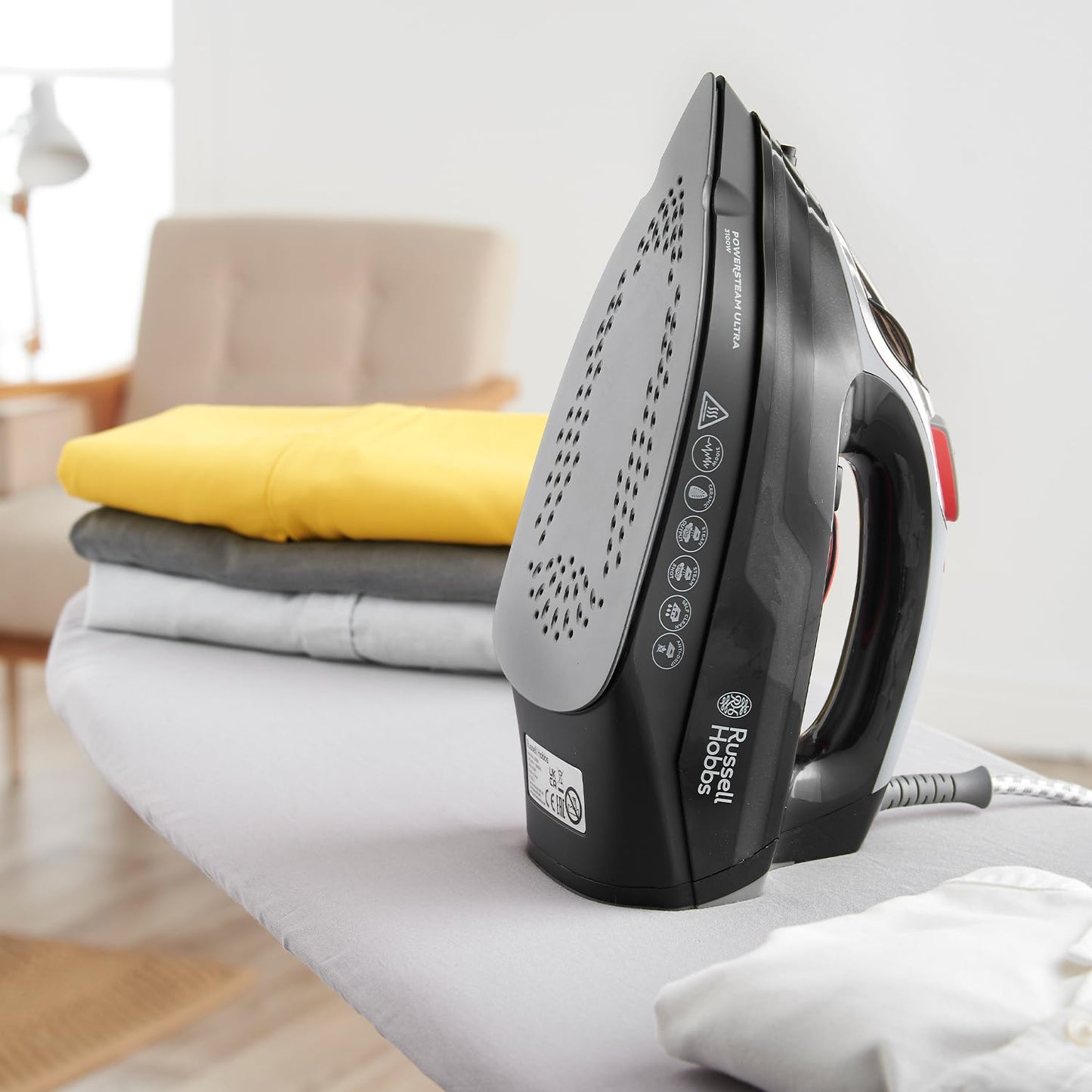 Russell Hobbs Power Steam Ultra Iron, Ceramic Non-stick soleplate, 210gm Steam Shot, 70gm Continuous steam, 350ml Water Tank, Self-clean, Anti-calc & Anti-drip function