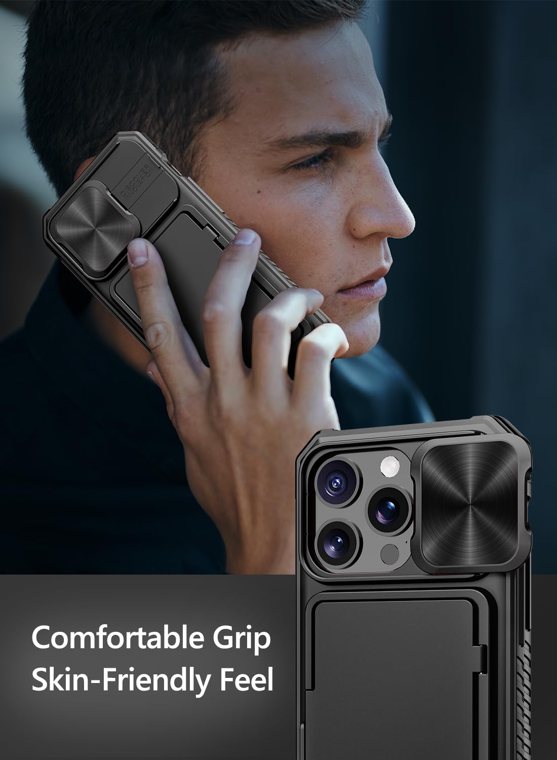 Vihibii for iPhone 15 Pro Max Case with Card Holder & Slide Camera Cover & Kickstand, Military Grade Drop Protection, Rugged Hard Back & Silicone Edge Wallet Phone Case