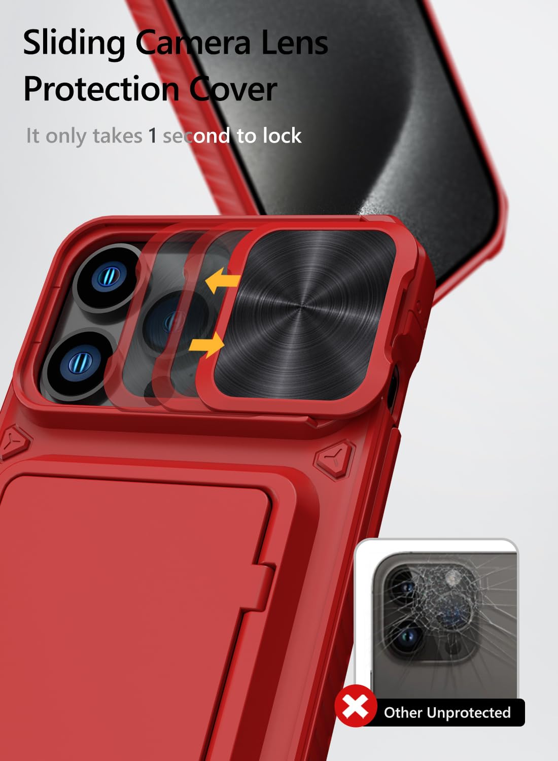 Vihibii for iPhone 15 Pro Max Case with Card Holder & Slide Camera Cover & Kickstand, Military Grade Drop Protection, Rugged Hard Back & Silicone Edge Wallet Phone Case