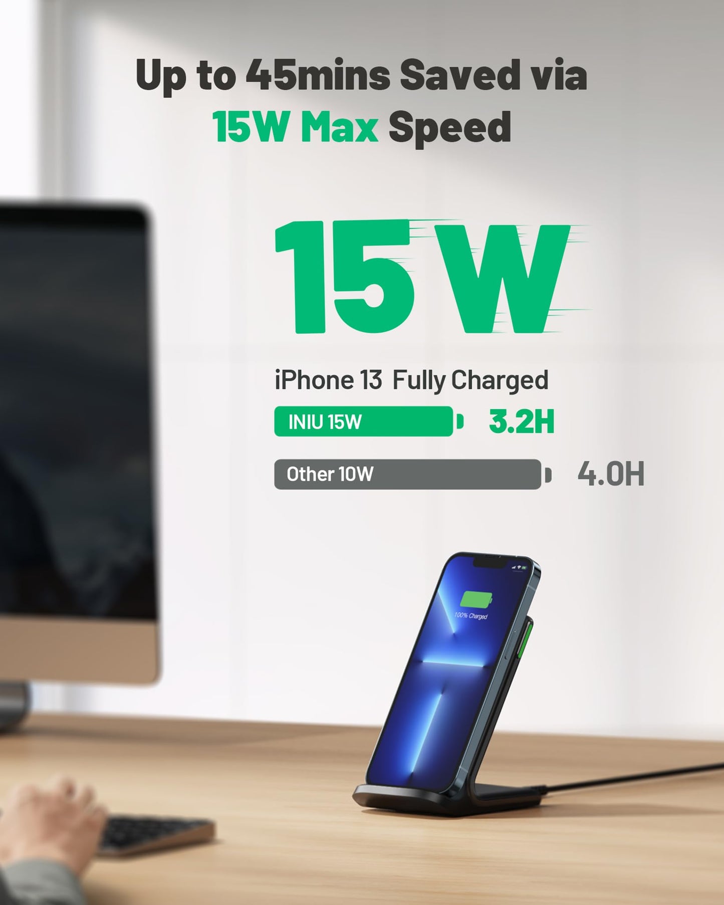 INIU Wireless Charger, 15W Fast Wireless Charging Stand Qi Certified Sleep-friendly Adaptive Light & Dual Charging Modes for iPhone 15 14 13 12 11 Pro Max XR Plus Samsung S23 S22 Google Pixel LG etc
