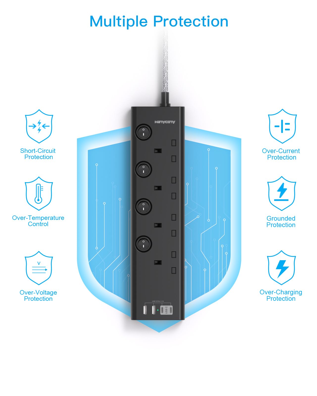 Extension Lead with 4 USB Slots(2 USB C), 4 Way Plug Extension Socket with Individual Switches, 1.8M Extension Cable, Wall Mount Extension Cord