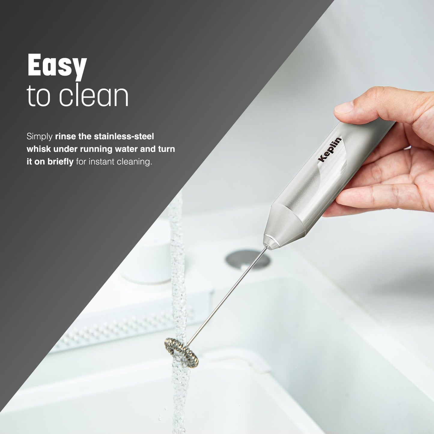 Keplin Handheld Milk Frother - Stainless Steel Electric Whisk - Portable Battery-Operated Coffee Frother for Lattes, Matcha, Protein Shakes - Ergonomic, Compact, Easy to Clean (Battery Not Included)