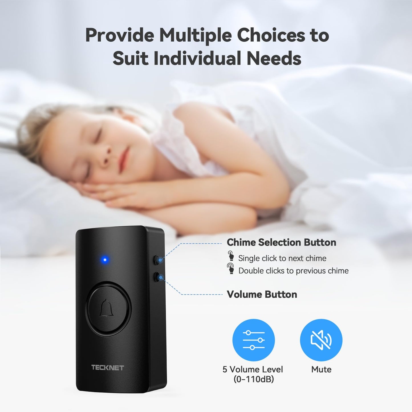 TECKNET Wireless Doorbell – Waterproof, Battery-Operated Cordless Chime Kit with 400M Range, 5 Volume Levels & 60 Chimes