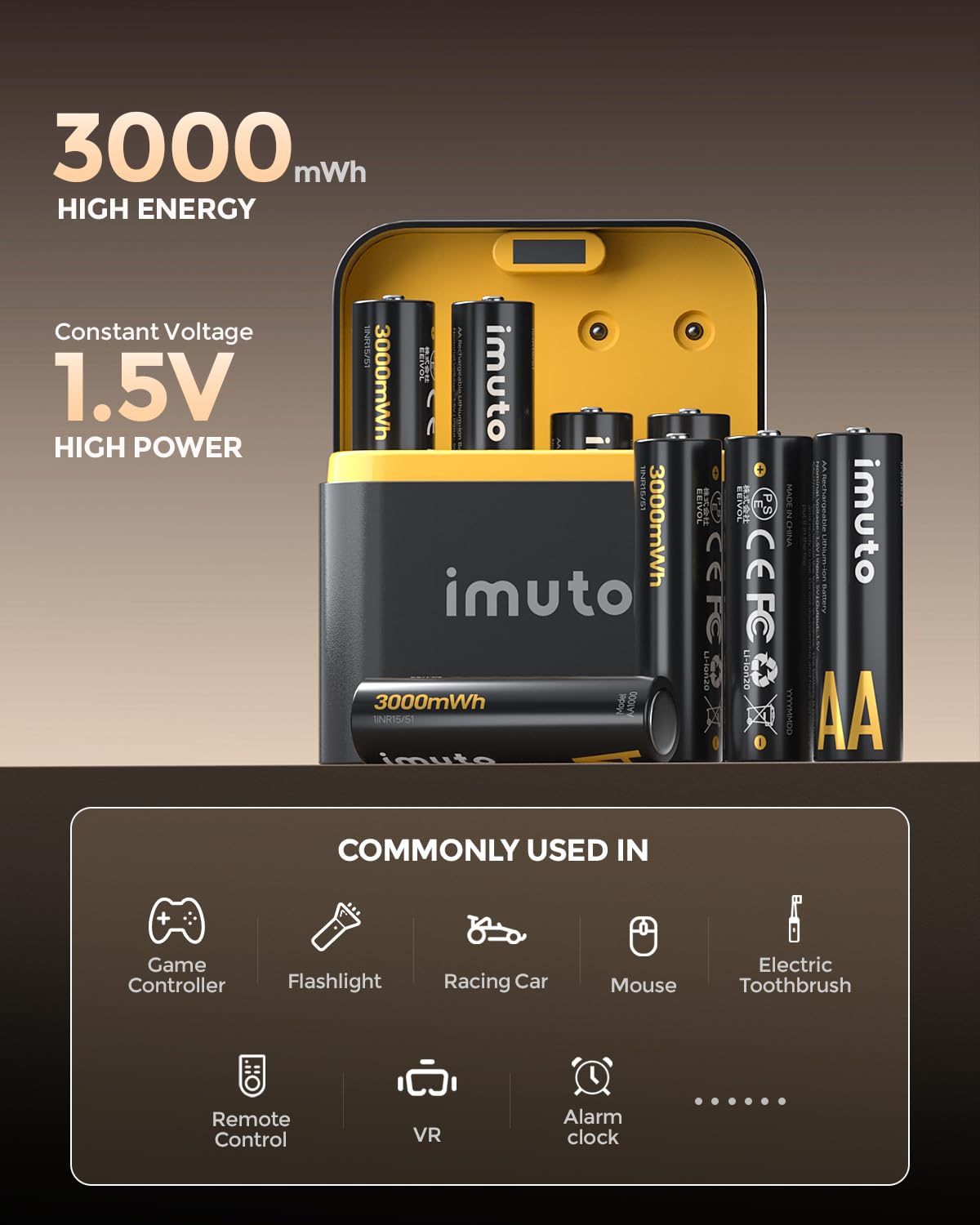 imuto AA Rechargeable Lithium Batteries of 8, 1600 Long Cycles,3000mAh High Capacity Batteries 1.5V Constant Output AA Lithium Batteries with Battery Charger
