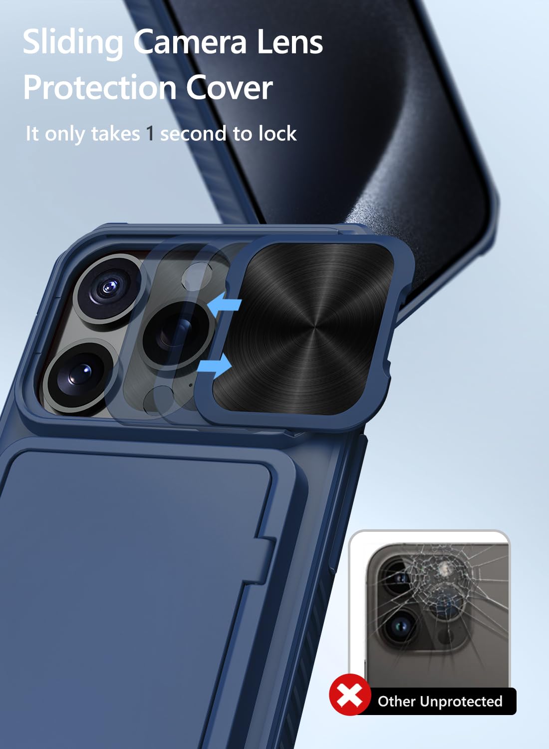 Vihibii for iPhone 15 Pro Max Case with Card Holder & Slide Camera Cover & Kickstand, Military Grade Drop Protection, Rugged Hard Back & Silicone Edge Wallet Phone Case