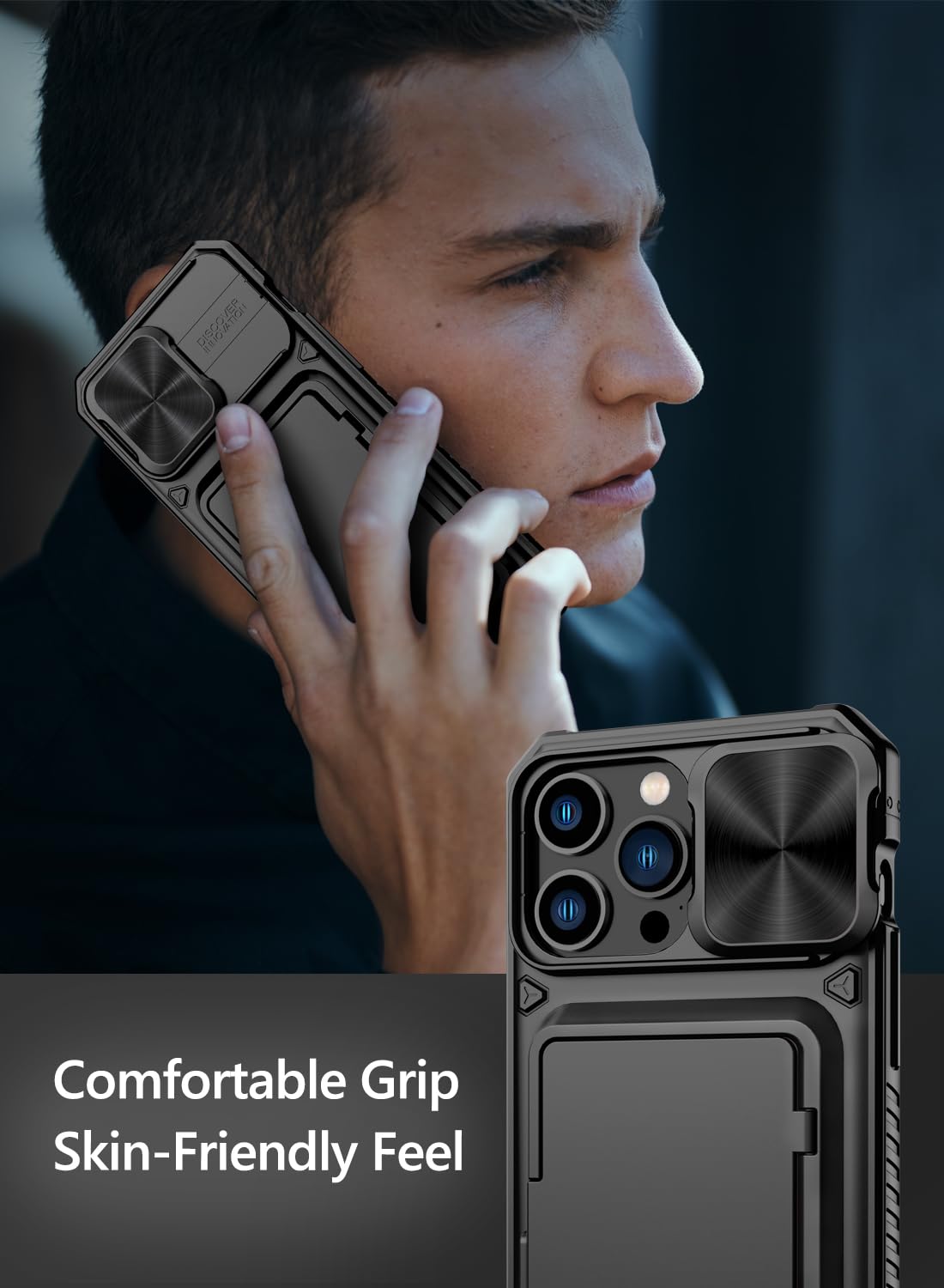 Vihibii for iPhone 15 Pro Max Case with Card Holder & Slide Camera Cover & Kickstand, Military Grade Drop Protection, Rugged Hard Back & Silicone Edge Wallet Phone Case