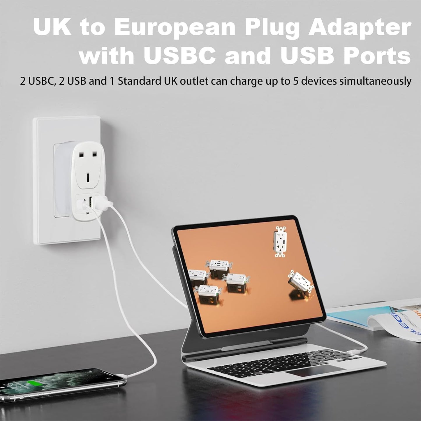 UK to European Plug Adapter, EU USB & USB C Travel Adaptor for Germany,France,Turkey,Spain,Greece,Poland,Egypt,Portugal,Crotia,Iceland, 5 in 1 UK to Europe Power Plugs with 2 USB & 2 USBC Ports