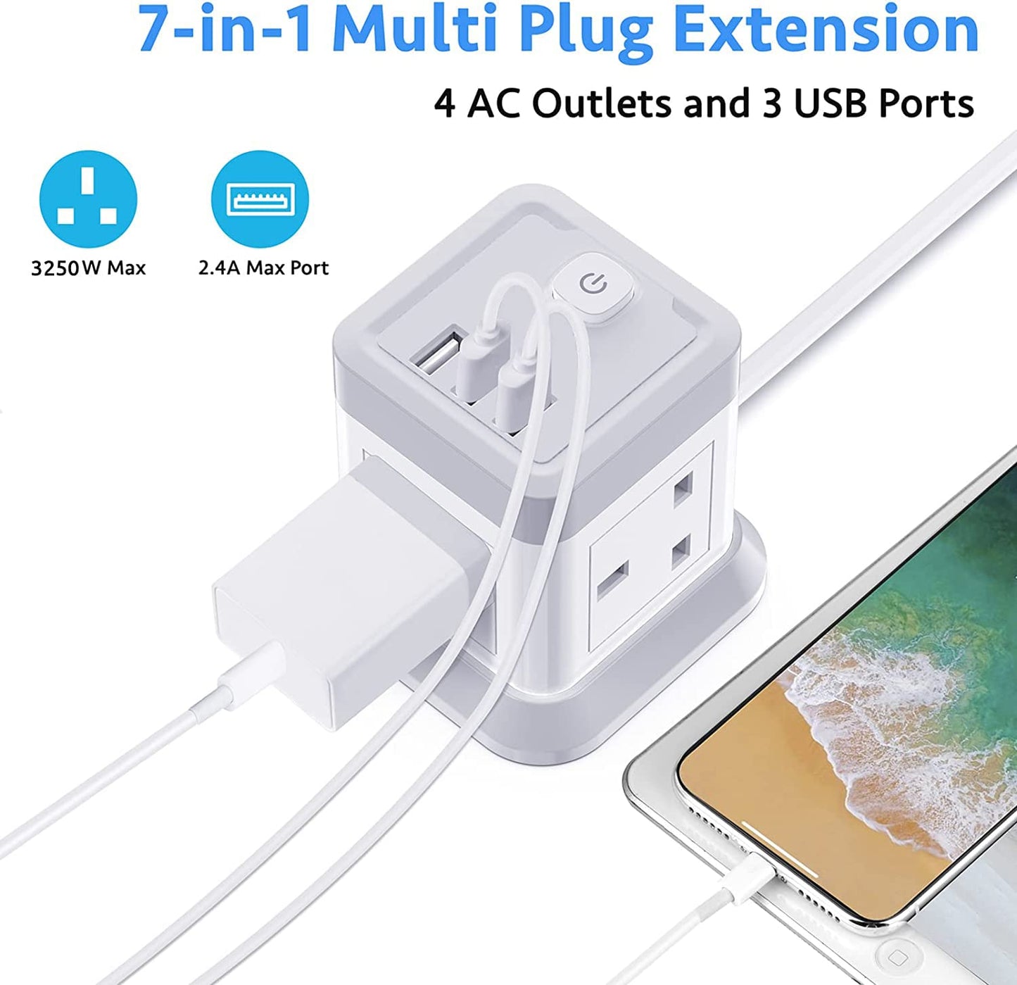 Cube Extension Lead with USB Slots, BEVA 4 Way Multi Plug Power Strip with 3 USB Ports, Desktop Power Extension Socket with 1.5M Extension Cords for Home Dorm Office