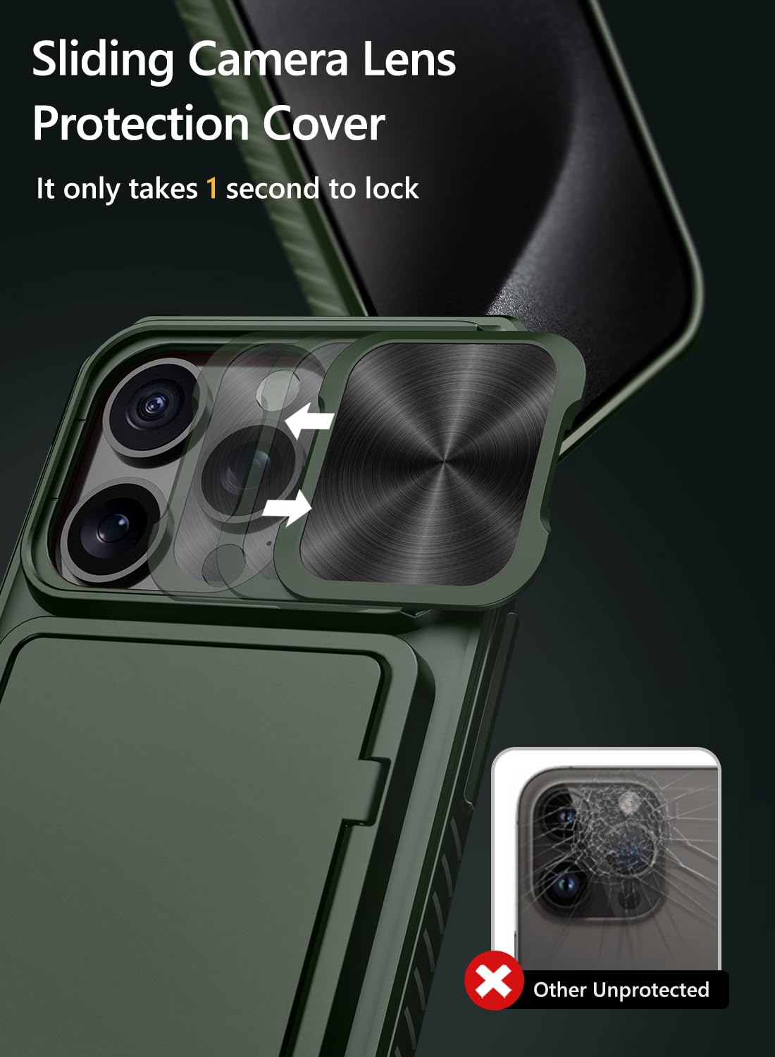 Vihibii for iPhone 15 Pro Max Case with Card Holder & Slide Camera Cover & Kickstand, Military Grade Drop Protection, Rugged Hard Back & Silicone Edge Wallet Phone Case