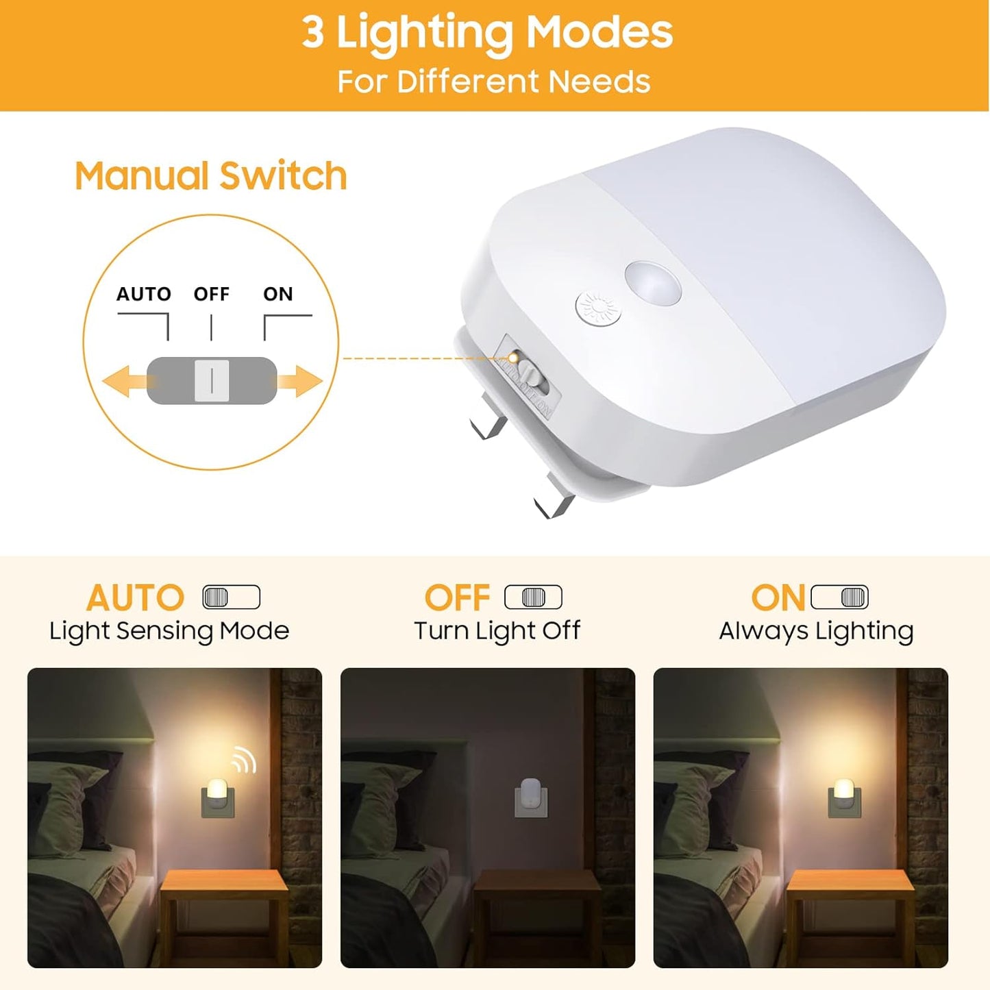 Plug-in Night Light with Dusk to Dawn Photocell & 5 Brightness Settings – Warm White, Ideal for Children’s Rooms, Hallways, Garage