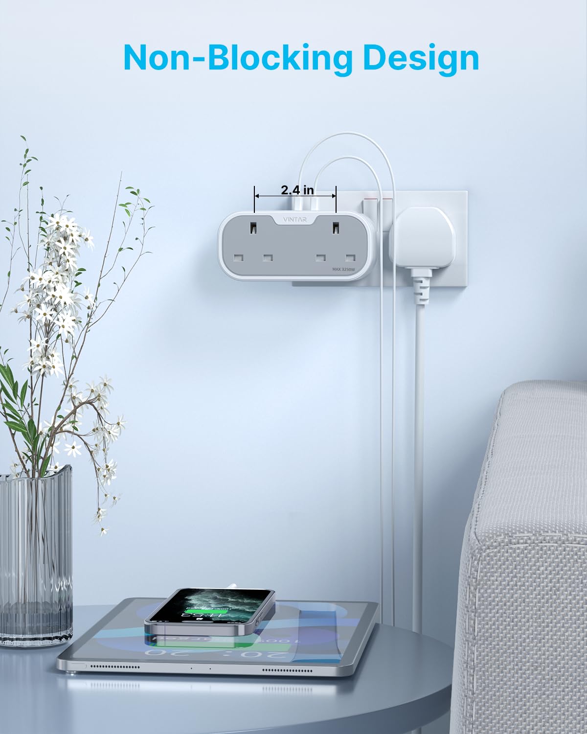 Double Plug Adaptor,Multi Plug Extension Socket with 2 USB 1 USB C Ports, 2 Way Plug Adapter UK, 13A UK 3 Pin Wall Multiplug Extender for Bedroom, Office, Kitchen