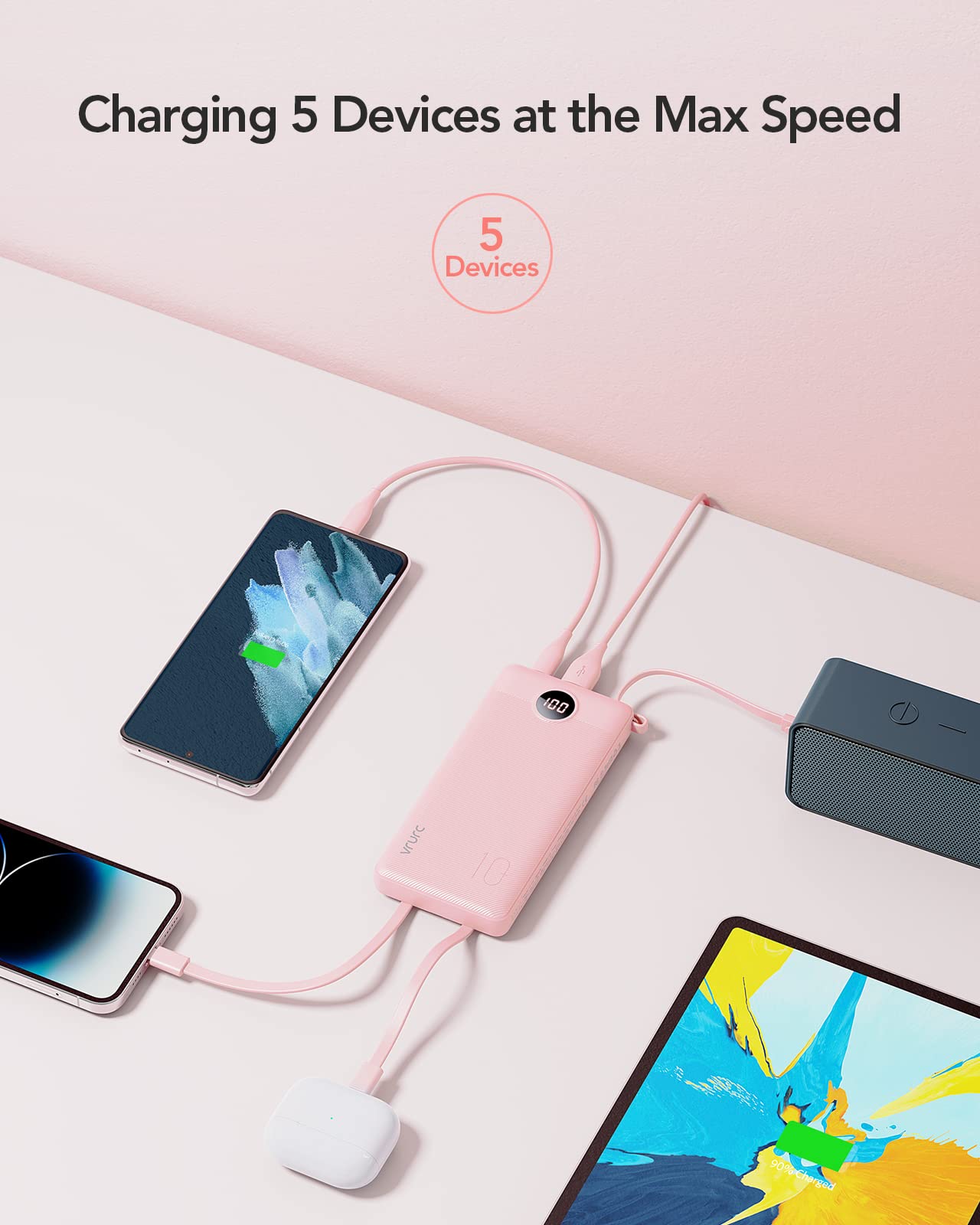 Power Bank With Built in Cables VRURC 10000mAh ,USB C Battery Pack Portable Charger with 5 Outputs 2 Inputs Powerbank LED Display compatible with iPhone 14 13 12 Samsung S21 S20 Xiaomi iPad