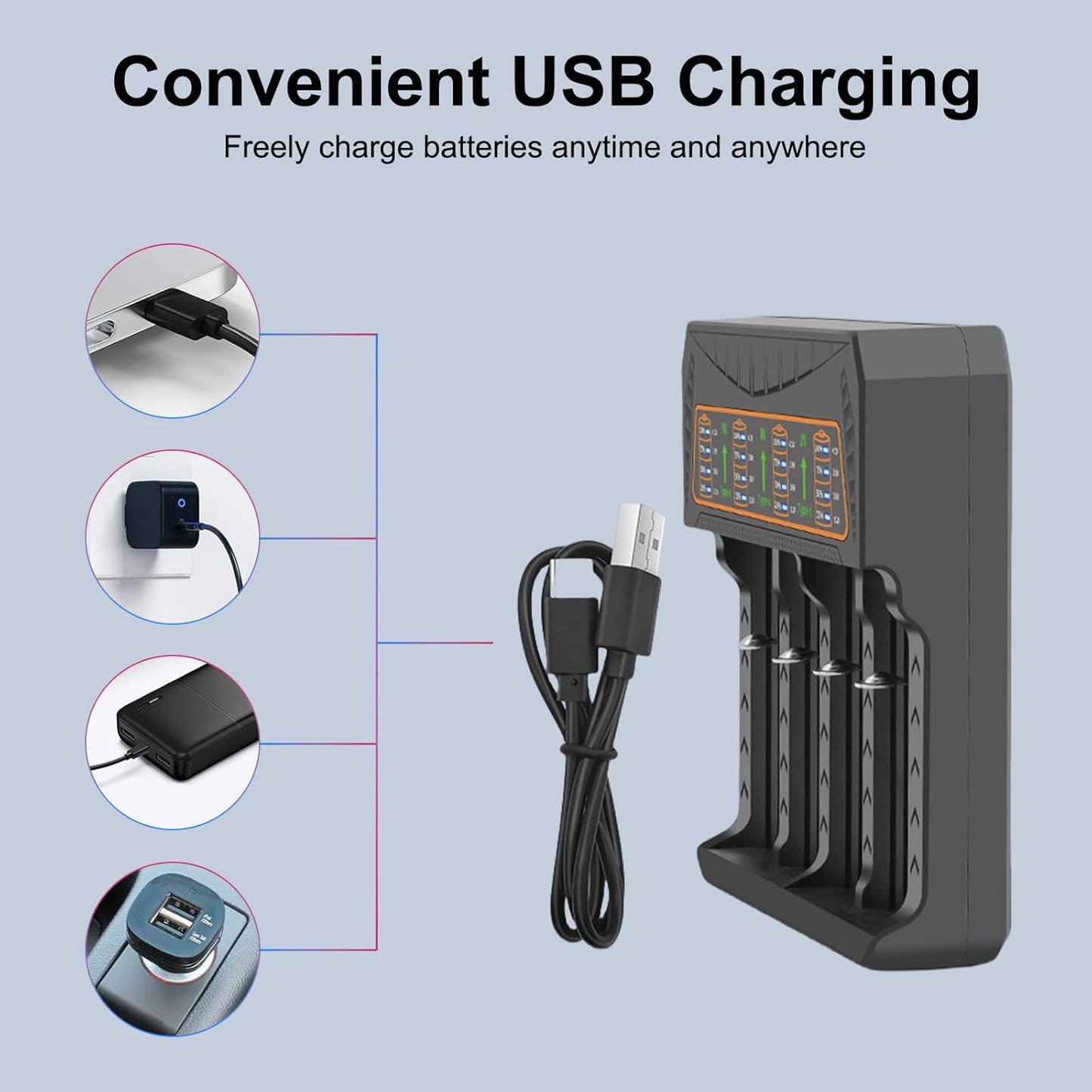 18650 Battery Charger Rechargeable Universal 4-Bay Charger, Automatic LCD Display,Fast Charging for Ni-MH/CD 3.7v Lithium 22650 21700 10340 10440 14500 16340 17335 17500 17670 18500 20700
