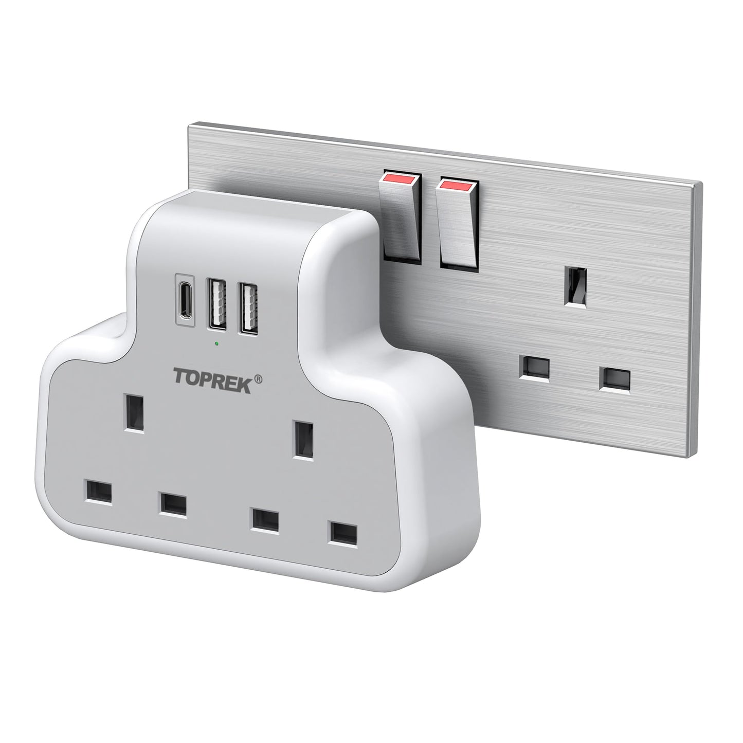 TOPREK Multi Plug Adaptor, Double Plug Adapter UK, 2USB-A & 1USB-C Plug Extension Socket, Slim Wall Extension Plug socket for Home, Office, Kitchen