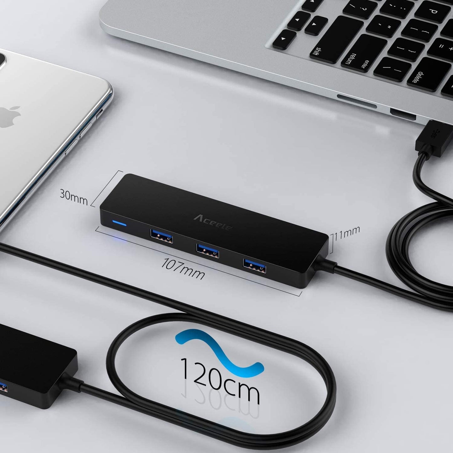 Aceele USB Hub 3.0 with 4ft Long USB Extension Cable, Splitter 4 Port with 5Gbps Data Transfer, Extender for Laptop, Desktop PC, MacBook