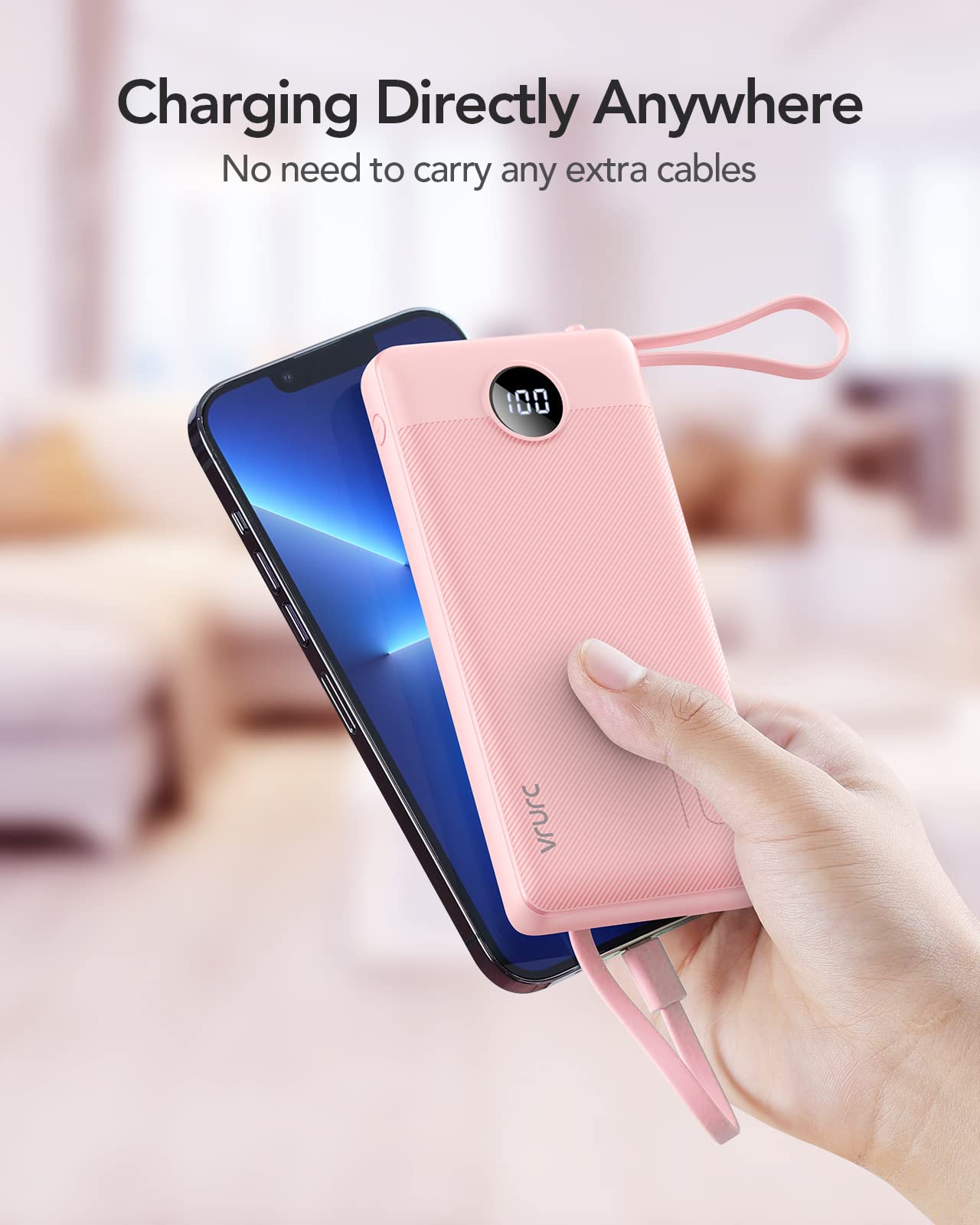 Power Bank With Built in Cables VRURC 10000mAh ,USB C Battery Pack Portable Charger with 5 Outputs 2 Inputs Powerbank LED Display compatible with iPhone 14 13 12 Samsung S21 S20 Xiaomi iPad