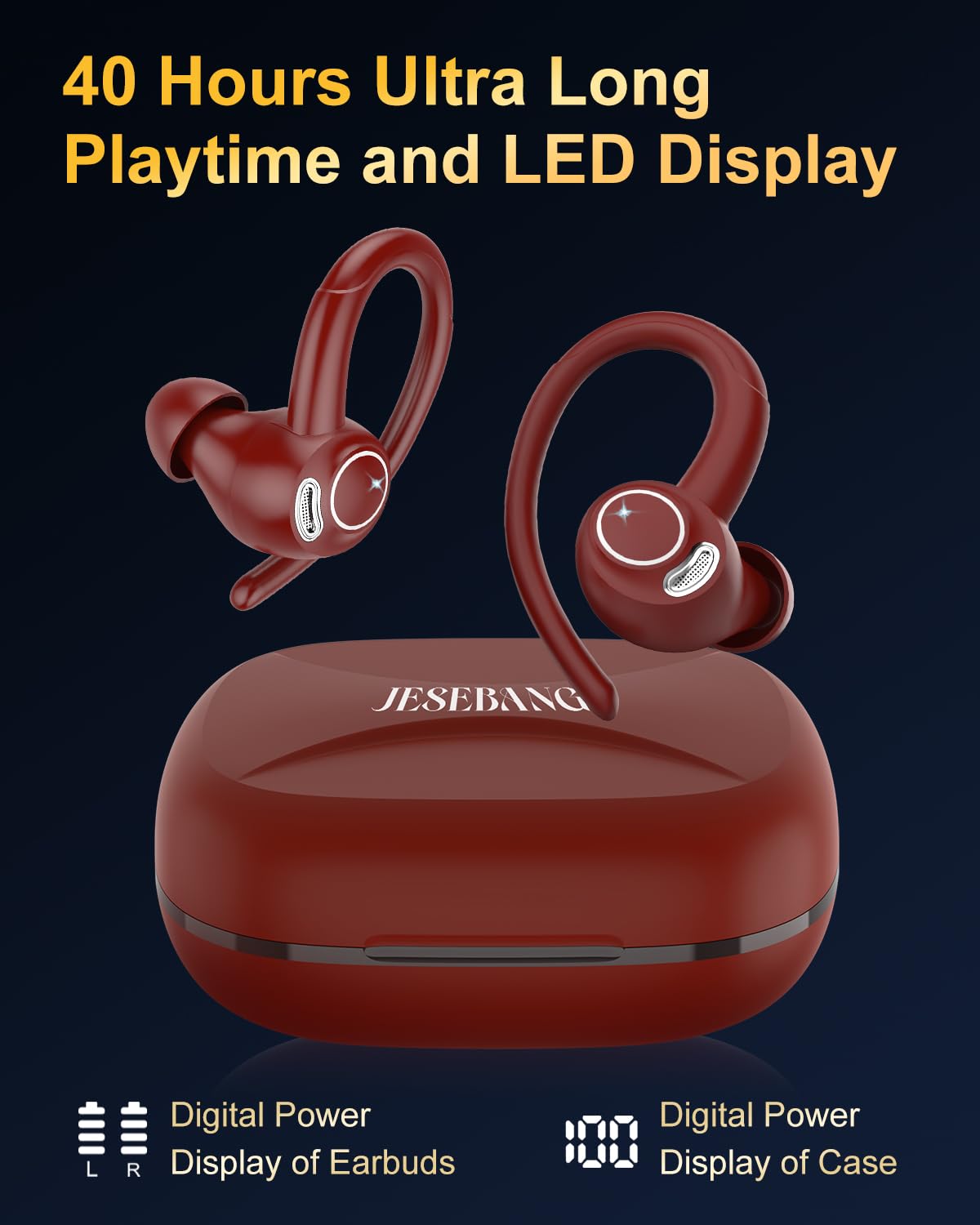 Jesebang Wireless Earbuds Bluetooth 5.3 – HiFi Stereo Sound with ENC Mic, Sport Ear Hooks, 40H Playtime, Dual LED Display