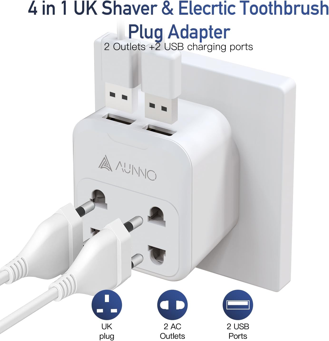 AUNNO Double Shaver Plug Adaptor UK with 2 USB Ports, 2500W 4 in 1 Plug Adapter for Bathroom Electric Razor and Electric Toothbrush etc, 2 Pin to 3 Pin Plug Adapter with 10A Fuse