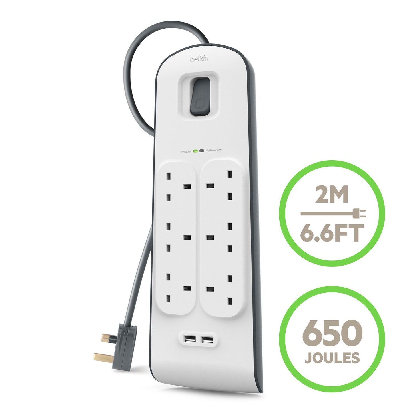 Belkin Surge Protected Extension Lead – 8 Sockets + 2 USB Ports (2.4A), 2m Cable