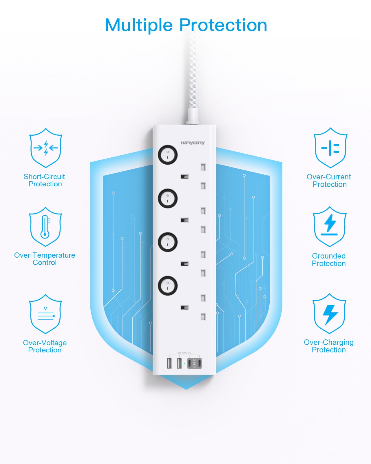 Extension Lead with 4 USB Slots(2 USB C), 4 Way Plug Extension Socket with Individual Switches, 1.8M Extension Cable, Wall Mount Extension Cord
