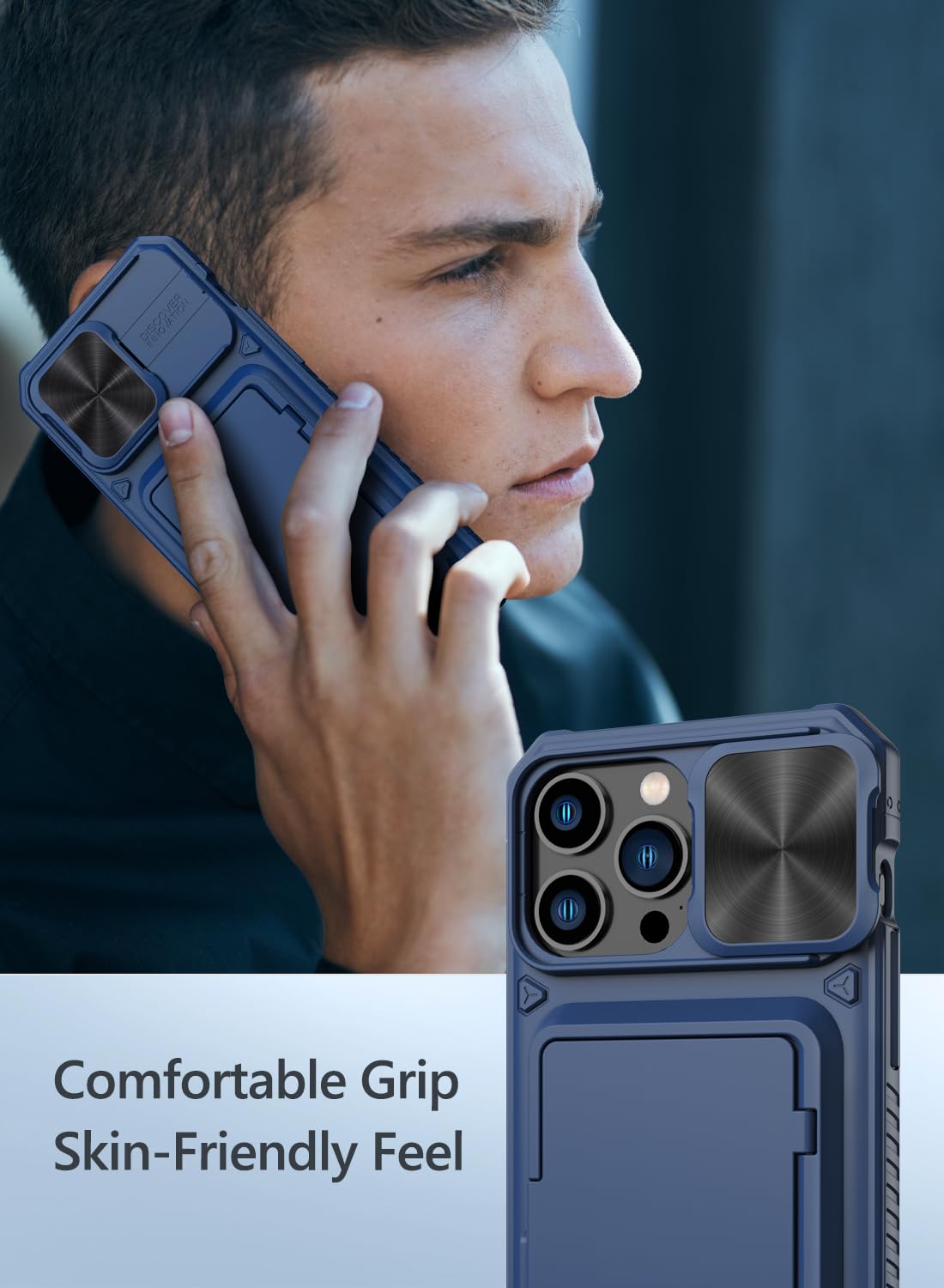 Vihibii for iPhone 15 Pro Max Case with Card Holder & Slide Camera Cover & Kickstand, Military Grade Drop Protection, Rugged Hard Back & Silicone Edge Wallet Phone Case