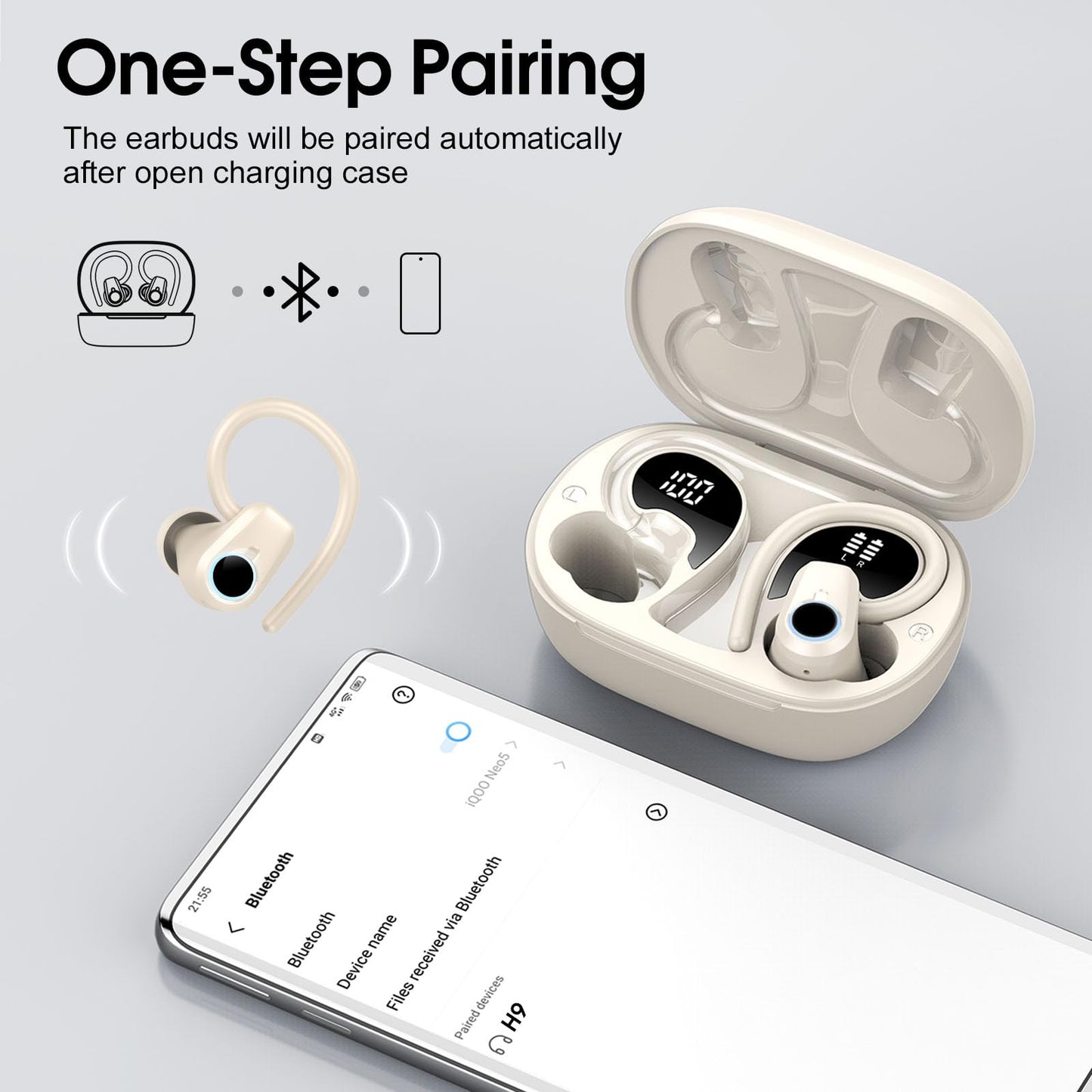 Wireless Earbuds, 2023 Earphones Bluetooth 5.3 Headphones Wireless, Earbuds with Earhooks,Waterproof Stereo Headphones Sport, Dual LED Display, Black