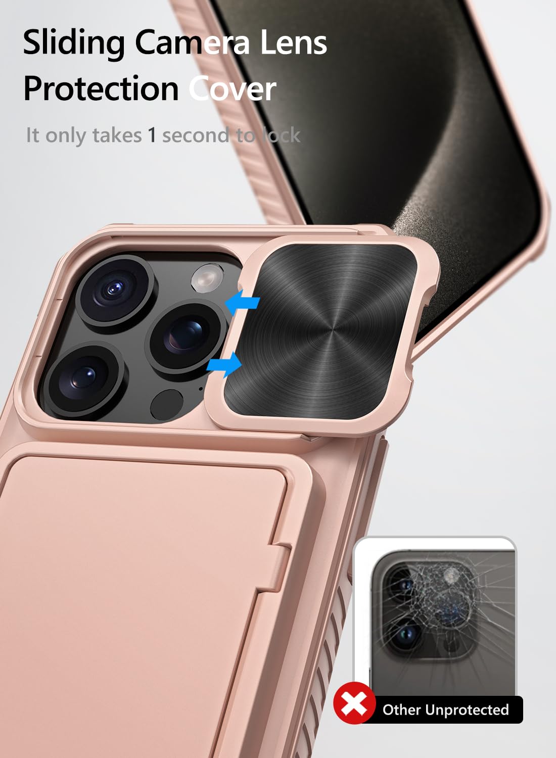 Vihibii for iPhone 15 Pro Max Case with Card Holder & Slide Camera Cover & Kickstand, Military Grade Drop Protection, Rugged Hard Back & Silicone Edge Wallet Phone Case
