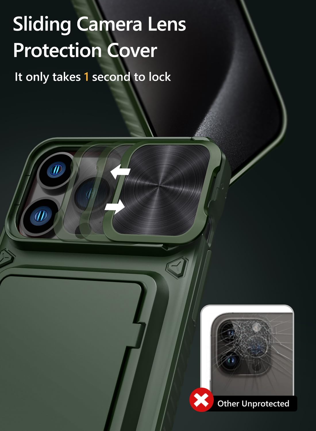 Vihibii for iPhone 15 Pro Max Case with Card Holder & Slide Camera Cover & Kickstand, Military Grade Drop Protection, Rugged Hard Back & Silicone Edge Wallet Phone Case